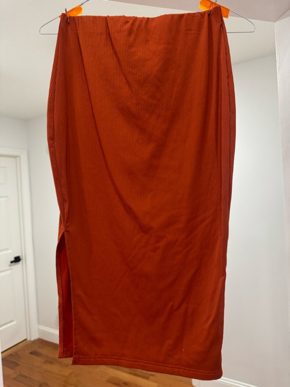 Rust Orange Ribbed Midi Skirt